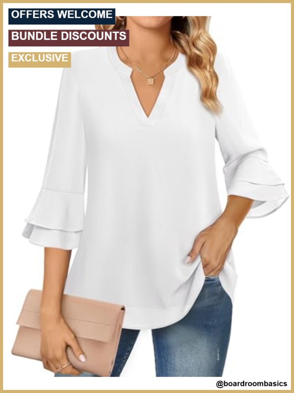 Women's Chiffon 3/4 Ruffle Bell Sleeve Notch V-Neck Work Tunic Blouse